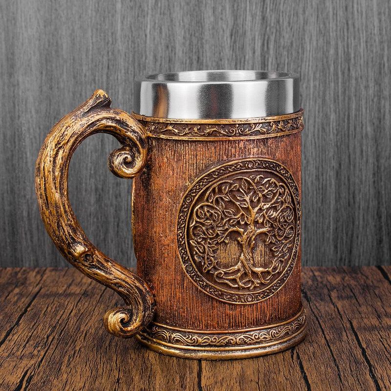 Norse Tree of Life Viking Mug | Resin & Stainless Steel Beer | Goblet with Celtic Tree Design | Halloween Gifts
