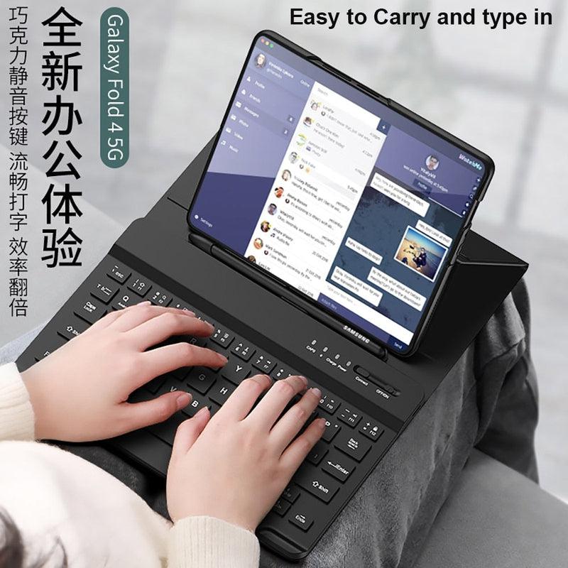 Bluetooth Keyboard Set for Samsung Galaxy Z Fold 3 Z Fold 4 - Wireless Keyboard with Leather Case Holder Base & Capacitive Pen - Enhanced Productivity & Protection
