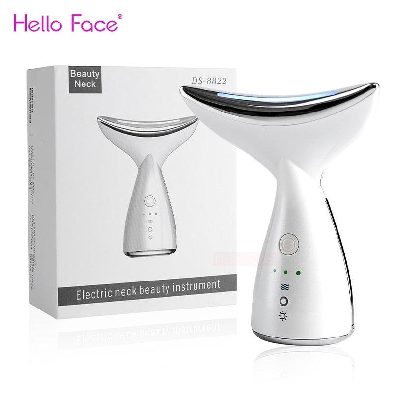 Hello Face Beauty Neck Massage Device, Anti-wrinkles Anti-aging Reduced Puffiness Facial Device for Skin Tightening and Lifting, 3 Colors LED Photon Therapy, Rechargeable Battery, Skin Care Tools