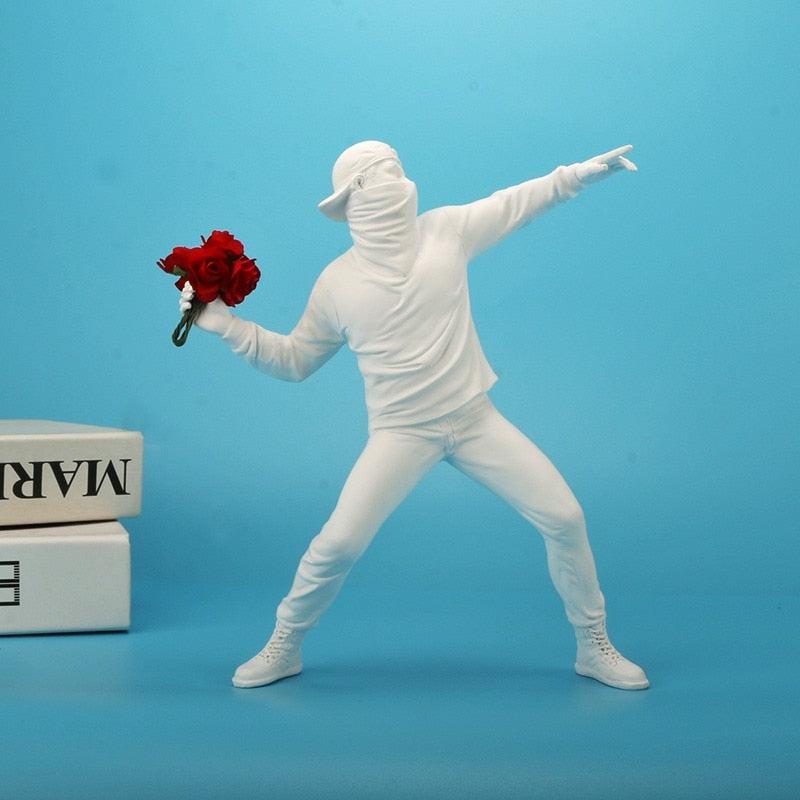 Resin Banksy Sculpture | Flower Thrower Antifa Figurine for Home Decoration, Desk Accessories, Collectible Interior Decor