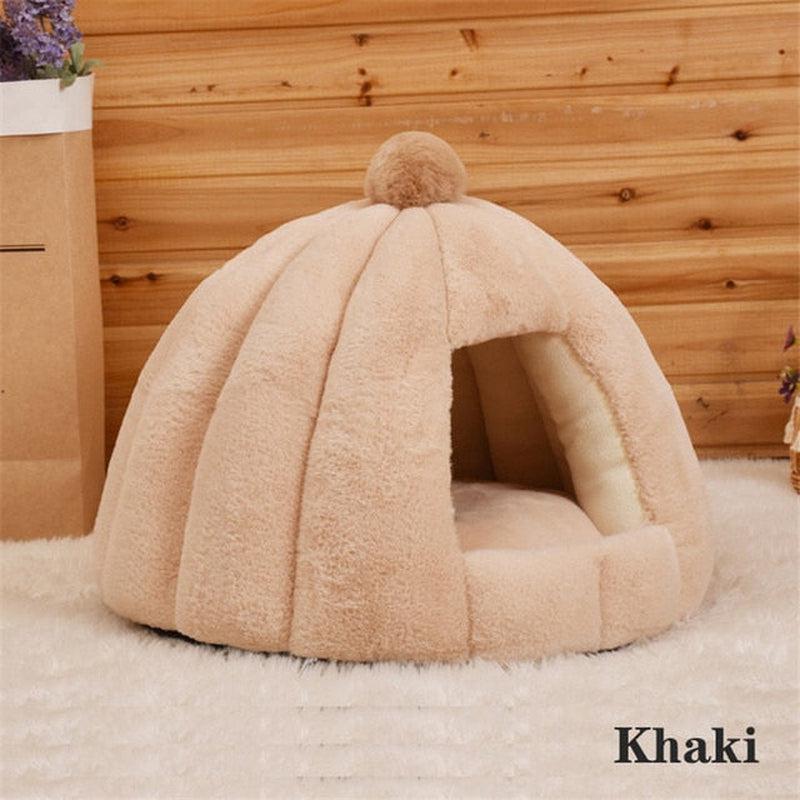 Cute Pet House Bed with Removable Mat | Cozy & Comfortable Kennel Nest for Cats and Dogs | Pumpkin-Shaped Design | Perfect for Sleeping & Lounging