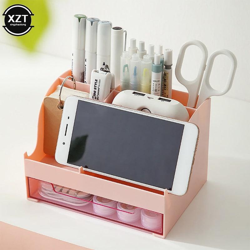 Desk Accessories Pen Holder with Drawer | Pencil Storage Box Desktop Organizer | School Office Stationery