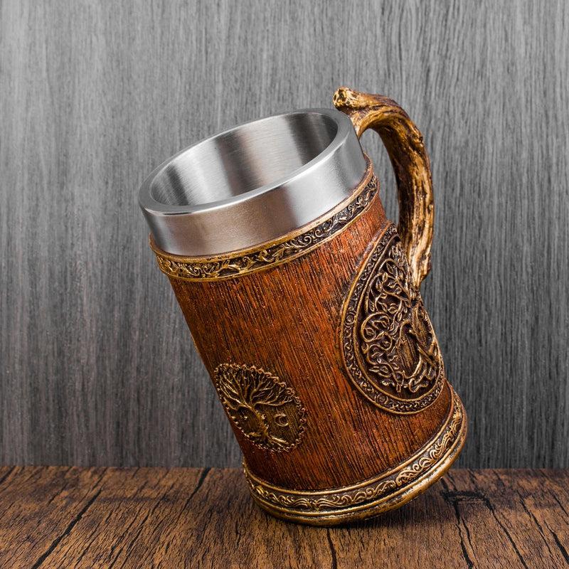 Norse Tree of Life Viking Mug | Resin & Stainless Steel Beer | Goblet with Celtic Tree Design | Halloween Gifts