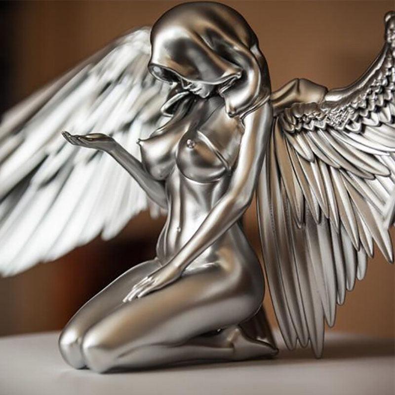 Elegant Silver Angel Wings Figurine | Resin Craft Desktop Ornaments for Home & Garden Decor