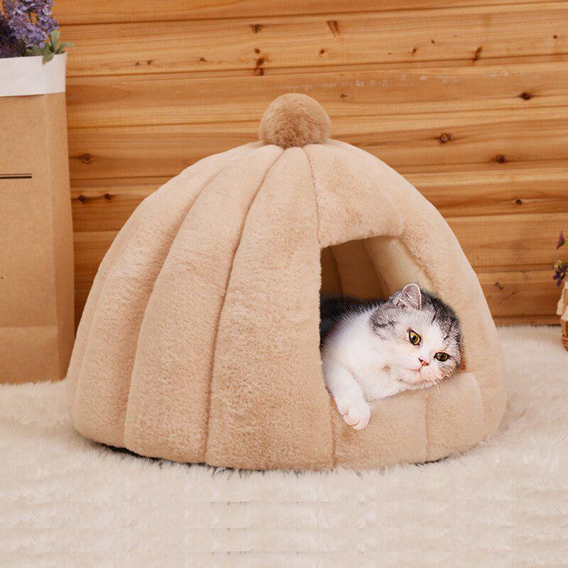 Cute Pet House Bed with Removable Mat | Cozy & Comfortable Kennel Nest for Cats and Dogs | Pumpkin-Shaped Design | Perfect for Sleeping & Lounging