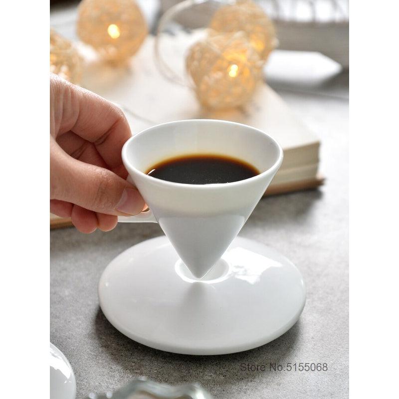 INS Light Espresso Shot Cup Set | Elegant Ceramic Cone Design, Small Black Coffee Mug with Saucer